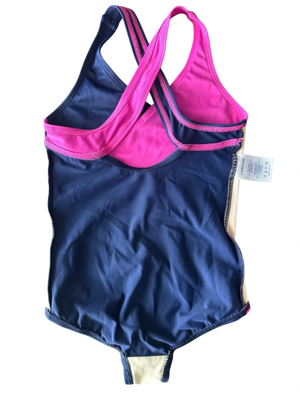 Lands’ End Girls Colorblock One Piece Swimsuit Size 5 Pink and Navy